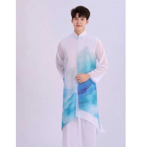 Blue Gradient Chinese folk classical dance costumes hanfu for women and men martial art wushu chinese kung fu performance uniforms 